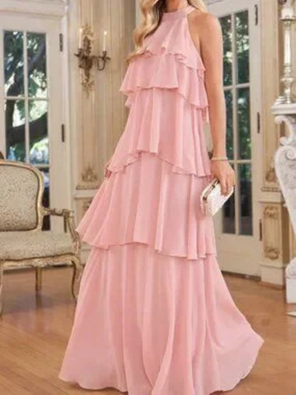 ZARA Pink Elegant Women's Layer Halter Sleeveless Maxi A-Line Dress
